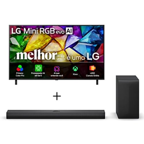 Smart TV LG Mini RGB evo AI 4K MRGB85 75 polegadas 2026 + Soundbar LG S70TY Dolby Atmos com configuração de canais 3.1.1 e 400W RMS - 75MRGB85.S70TY