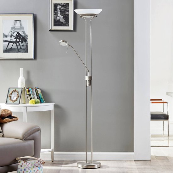 Lindby LED-Stehlampe Yveta, nickelfarben, Leselampe, dimmbar