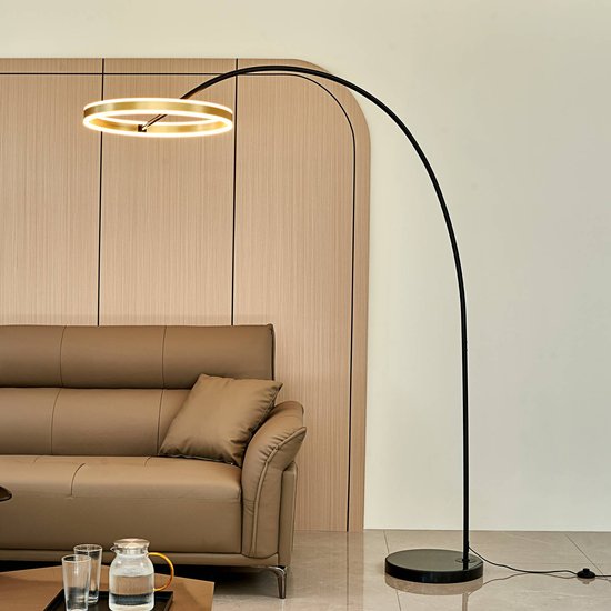 Lucande LED-Bogenlampe Yekta, messingfarben, 183 cm, dimmbar