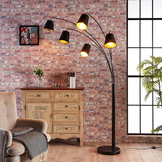 Lindby Bogenleuchte Tinne, schwarz/gold, Marmor, 5-flg., E14