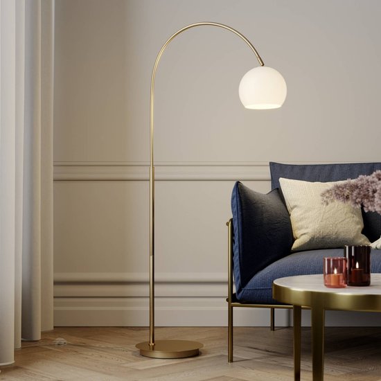 Lindby Bogenlampe Cynthia, messingfarben, Glas, 140 cm, E27