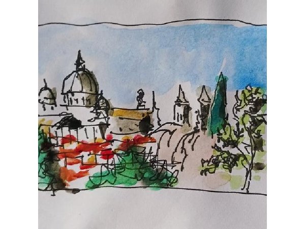 Sketching of the view over Rome from Pincio terrace with Guido