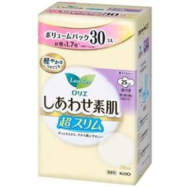 Kao - Laurier F Happy Bare Skin Breathable Ultra Slim For Especially Heavy Daytime With Wings 25cm 30 pcs