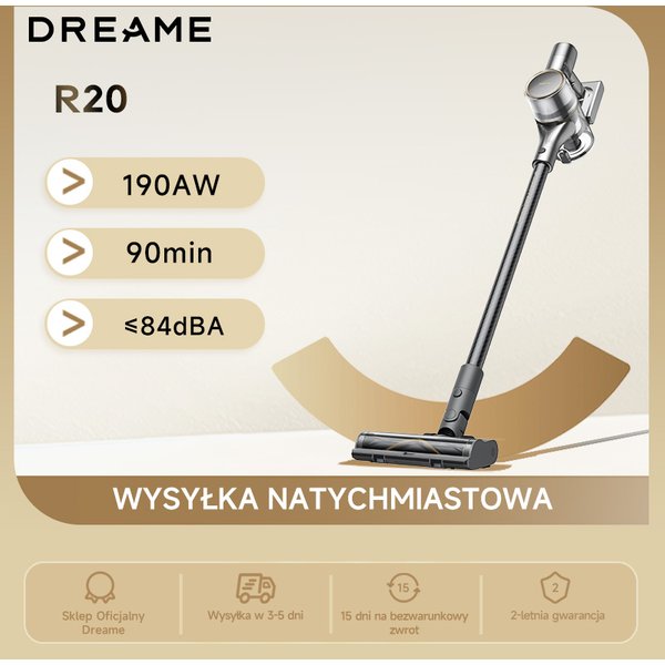 Bezprzewodowy odkurzacz pionowy Dreame R20/Duża siła ssania190 AW/ Długi czas prazy do 90 minut/ Oficjalna gwarancja