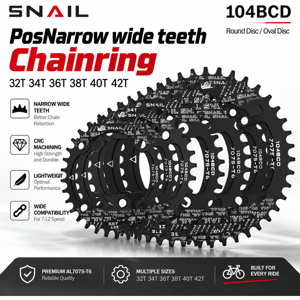 GOLDIX SNAIL 104BCD Narrow Wide Kettenblatt 32T 34T 36T 38T Rund Oval Einzel-Gang Aluminium Fahrrad-Kettenblatt für MTB Rennrad Kurbel