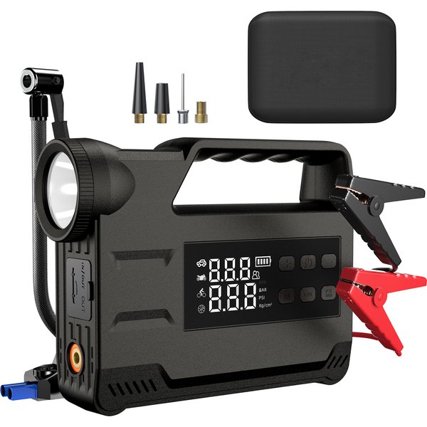 12V Auto-Starthilfe mit Luftkompressor, tragbarer Reifenfüller mit Reifendruckmesser, Notfall-Autobatterie-Booster, LED-Taschenlampe, Warnblitzlicht, USB-Powerbank