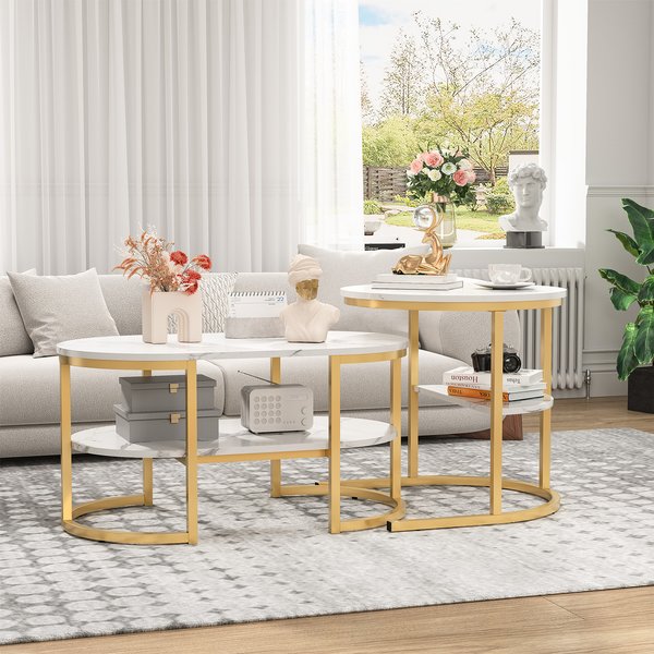 Table basse Comanlai, lot de 2, table basse moderne à emboîter, avec espace de rangement, table d'appoint avec structure en métal et étagère, aspect marbre, pour chambre à coucher, balcon