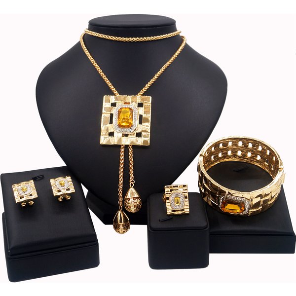Jewelry Sets For Women Artificial Gemstone African Fashion Bijoux Long Necklace Luxury Dubai Jewelry 18K Gold Plated Bracelet