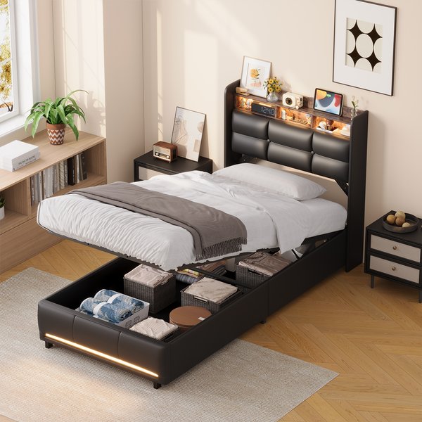 Lit rembourré Comanlai, 90 x 200 cm, avec tête de lit, lit avec rangement hydraulique et sommier à lattes, lit simple, sans matelas, en polyuréthane, noir.
