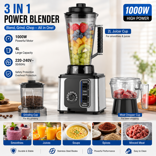 3-in-1 Mixer 4L 1000W Küchenmaschine Smoothie-Maker Fleischzerkleinerer Kaffee- und Gewürzmühle Küchenmixer-Gerät