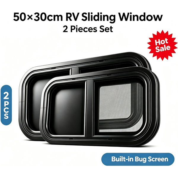 2-teiliges Set 50x30cm RV Schiebefenster für Wohnwagen, Anhänger, Caravan, Ersatzfenster mit Insektenschutzgitter, 25% Sichtschutzglas für Wohnmobil