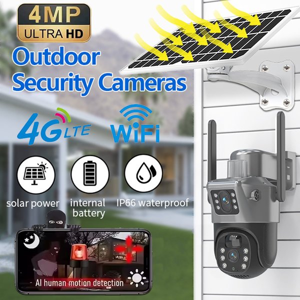 4MP 4G WIFI Solarkamera mit Doppellinse und Doppelbildschirm, drahtlose PTZ-IP-Kamera für den Außenbereich mit Solarpanel, Sicherheitsüberwachungskamera