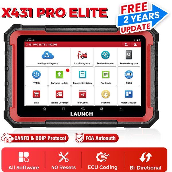 LAUNCH X431 PRO Elite OBD2-Scanner – CAN FD & DoIP, FCA AutoAuth, Allsystem-Diagnose, ECU Online-Codierung, bidirektionaler Aktivtest, 32+ Reset-Funktionen, 2 Jahre kostenlose Updates, 8-Zoll