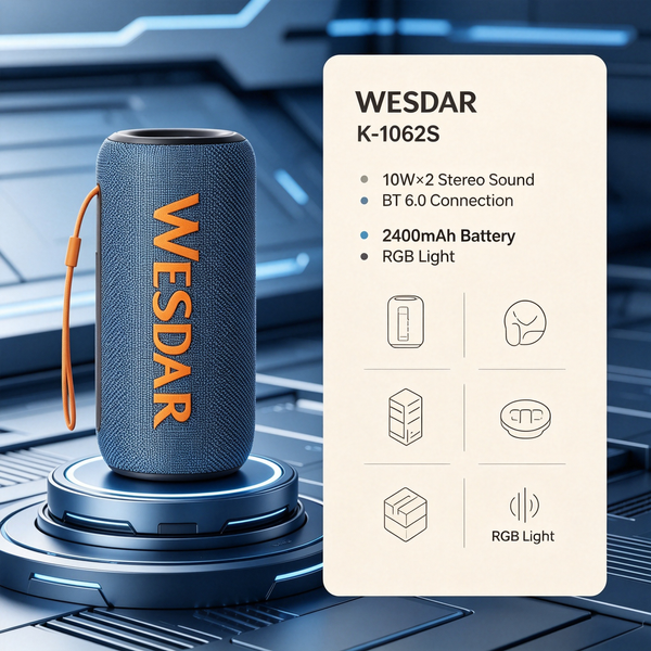 K‑1062S Portable Bluetooth Speaker 10W*2 Hi‑Fi Stereo Rgb Light Outdoor Wireless Speaker 2400Mah Type‑C Charging 10m Bt6.0 Connection for Camping Party Home