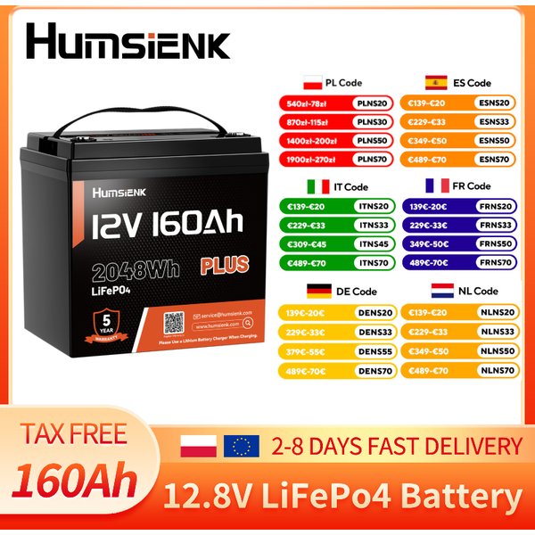 Batterie au lithium LiFePO4 Humsienk 12,8 V 160 Ah Max avec BMS 150 A intégré, 2048 Wh d'énergie, 15000+ cycles de charge, batterie au phosphate de fer et de lithium rechargeable à décharge profonde