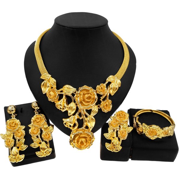 Women Necklace Jewelry Set Rose Flower Ring Delicate Gold Plated Imitation Gold Pendant Rose Earrings Ring Gift Party Jewelry