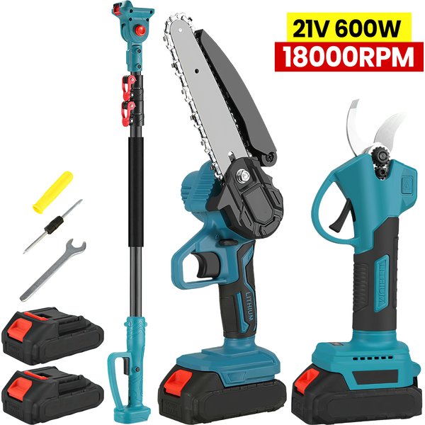 Scie à chaîne électrique télescopique sans balais 21V 2-en-1 600W 6" 18000RPM Coupeur 2,5cm Télescopique 2m Kit d'outils de jardinage