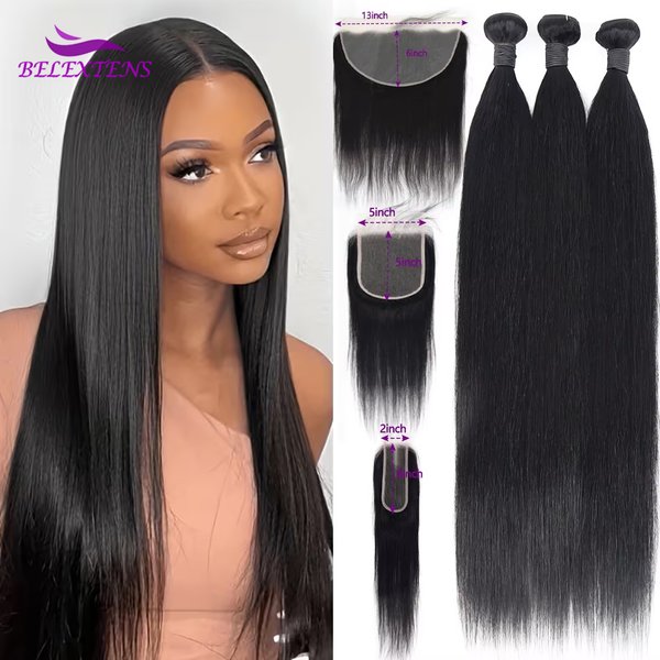 Belextens Mèches Cheveux Humains avec Fermeture 2x6/5x5, Lisses Extensions Cheveux Brésilien Brut, Tissage Cheveux Humains Frontal 13x6 100% Naturel Livrasion 3 Jours France