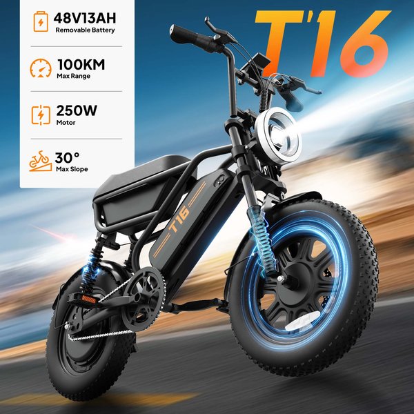 Urlife T16 Elektrofahrrad 16X3" Fat Tire 48V 13Ah Akku Doppelfederung Tragbar für Pendler Kofferraum-Aufbewahrung Mountain E-Bike