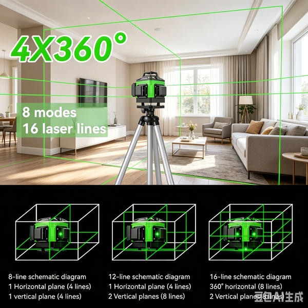 3D/4D 12/16 Linien Laser-Nivelliergerät, 3 ° Selbstnivellierendes Laser-Messgerät mit wiederaufladbarem USB-Akku, vertikales und horizontales Laser-Messinstrument.