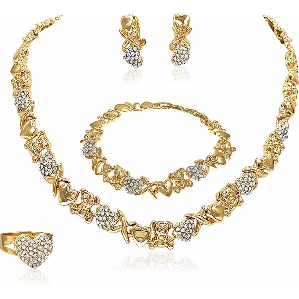 Women Gold Color Jewelry Set 18K Gold Plated Necklace Set Wedding Bridal Fashion Bear Necklace Earrings Ring Heart Shaped Gift