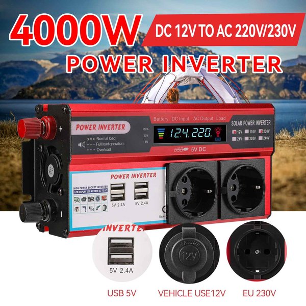 Reiner Sinuswellen-Stromwandler 4000W, DC 12V zu AC 230V Transformator mit 4 USB-Anschlüssen (EU) und LED-Display