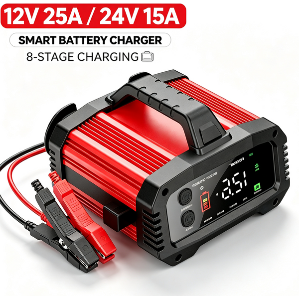 25A/15A Portable Car Battery Charger 12V 24V Automatic Motorcycle Truck AGM LiFePO4 Lead Acid Start Stop Battery with Repair