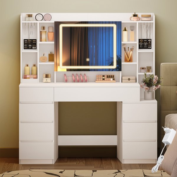 Coiffeuse 120 cm avec miroir, grand miroir, coiffeuse avec 8 tiroirs et 11 compartiments ouverts, plateau à bijoux intégré