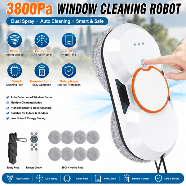 3800Pa Fensterreinigungsroboter, automatischer Glasreiniger mit doppelter Sprühfunktion, KI-gestützte Kantenerkennung, 60-ml-Tank, 4 Modi, Fernbedienung, Sicherheitsseil für den Heimgebrauch
