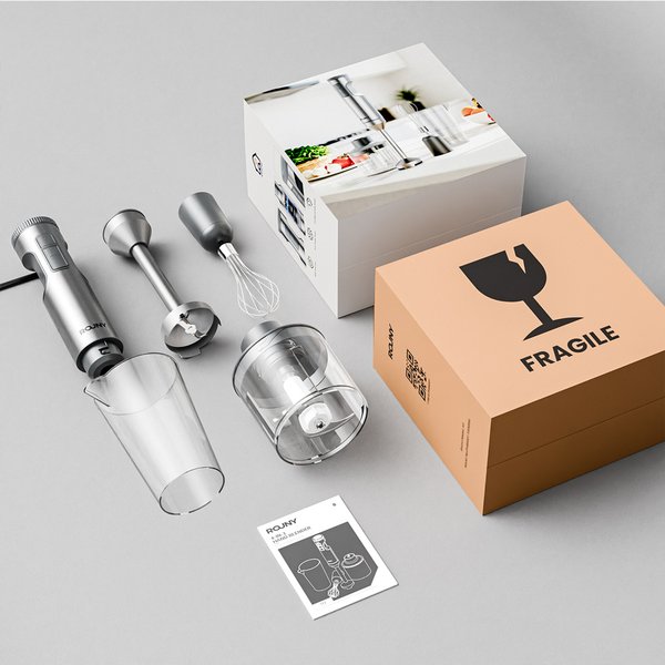 ROUNY 1200W Leistungsstarker Stabmixer 4-in-1, 14-Gang Edelstahl-Stabmixer, 700ml Becher & 500ml Zerkleinerer, Schneebesen, Aufsteckbare Aufbewahrung
