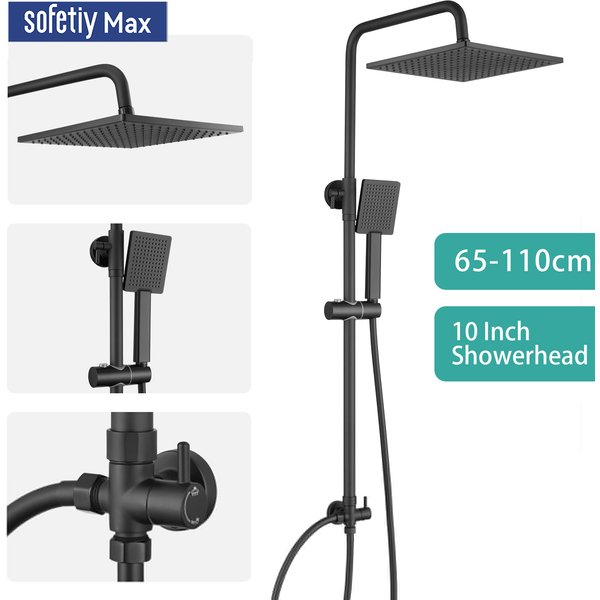 Colonnede Douche à Hauteur Réglable 72-110 Cm, Noir Mat, avec Pommeau De Douche Effet Pluie 25 cm et Douchette à Main, Vanne Inverseuse En Laiton