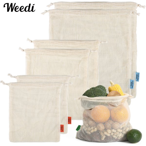 WEEDI 3/5/10 Pack Eco Friendly Produce Bags, 100% Organic Cotton, Kitchen Reusable Fruit Bags, Vegetable Bag Reusable Grocery Ba