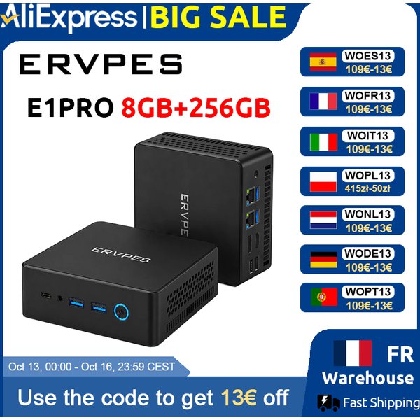 ERVPES E1PRO Mini-PC 8GB LPDDR4 256GB SSD Intel N4505 Windows 11 Pro Dual-Band WLAN BT5.0 Büro-Desktop Mini-Computer