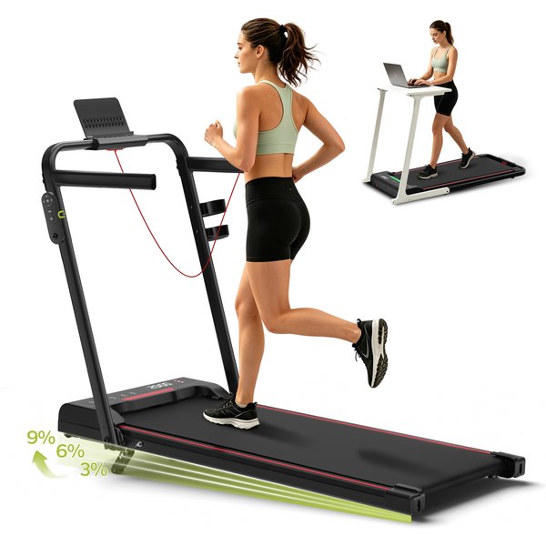 Tapis de course pliable pour usage domestique, avec réglage de l’inclinaison sur 3 niveaux, bande lumineuse à détection de la vitesse et trois options de contrôle : télécommande, panneau de commande