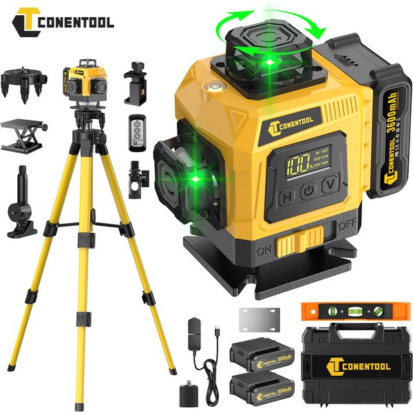 CONENTOOL 4D 16 Lines Laser Level 360° Self Leveling Cross Line Laser Green Beam Measuring Tool with Tripod Remote Control 3600mAh Battery High Precision Wall Floor Tiling Alignment Rotary Laser for