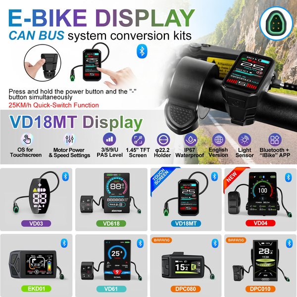 Varstrom VD18MT E-Bike Display Farb-Touchscreen CAN/UART/Tongsheng-Protokoll Bluetooth E-Bike Computer IP67 wasserdicht 9 PAS Stufen für BBS01B BBS02B BBSHD G020 G0900 H400B TSDZ2B TSDZ8 TSDZ16 JYLT