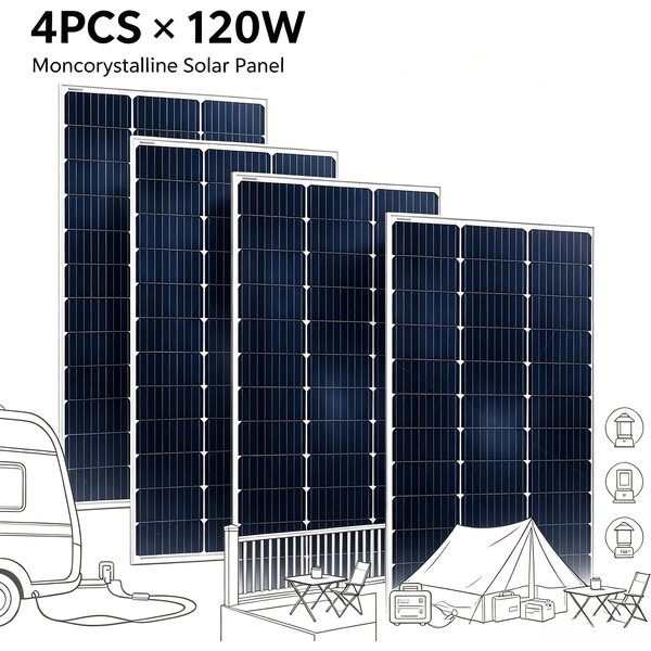 480W Monokristallines, festes Solarpanel (4×120W), 18V, hocheffizientes, wasserdichtes Photovoltaikmodul für Wohnmobile, Boote, Camping und netzunabhängige Stromversorgungssysteme im Haus.