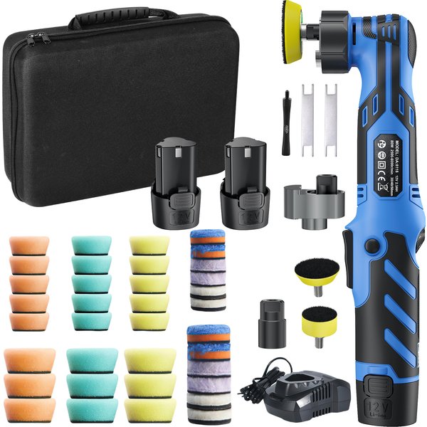 Polisseuse de voiture sans fil mini 110-240V 12V, micro-polisseuse sans fil anti-rayures DA/RO, 11 vitesses, 1/2/3 pouces, 30 tampons pour le cirage automobile