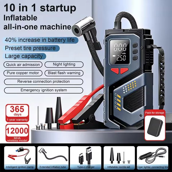 12V Auto-Starthilfegerät mit 150PSI Luftkompressor, tragbarem Reifenfüller, LED-Licht, Druckmesser und 6000-10000mAh Batterie