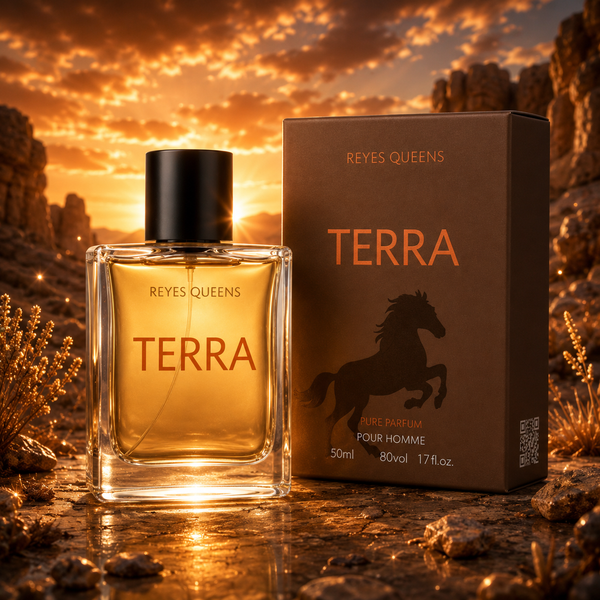 Reyes Queens – Terra Eau de Parfum für Herren, 50 ml. Männlicher Duft mit holzigen und würzigen Noten, kombiniert mit warmen, sanften Zitrusakorden und einer intensiven, eleganten Basis.