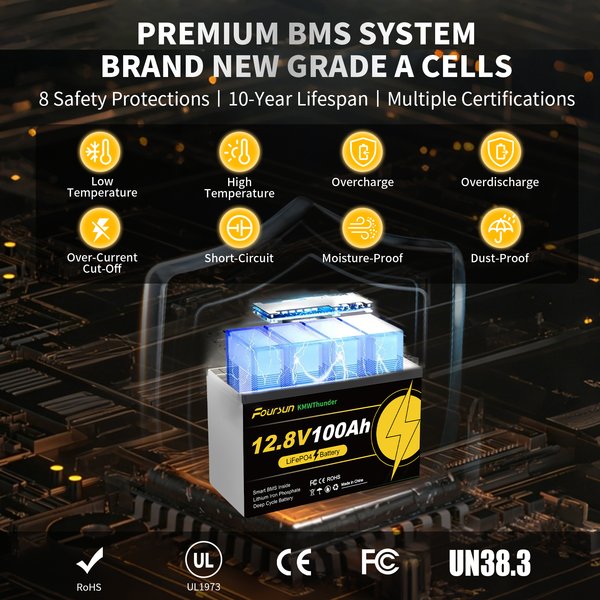 Bateria Foursun 12V LiFePO4 100Ah 200Ah 300Ah, wbudowany system zarządzania baterią (BMS) do niskich temperatur, ponad 4500 cykli głębokiego rozładowania, odpowiednia do systemów solarnych w kamperach