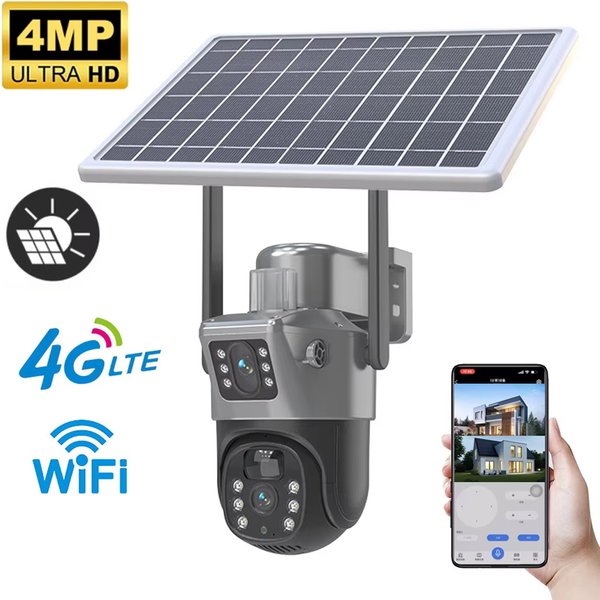 4MP WLAN Kabellose PTZ-Solarkamera mit Doppellinse und Doppelbildschirm, Outdoor 4G IP-Kamera mit Solarpanel, Audio und PIR-Sicherheitsüberwachungskamera