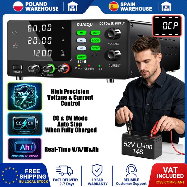 KUAIQU 600W 900W 1200W Netzteil Regelbar, Batterietestung/Batteriewartung/Ladeanwendungen/DIY-Akkupack, 12V 24V 36V 48V 52V Geregeltes Labornetzteil, OCP/SCP/MEMORY STORAGE/LOCK/OUTPUT