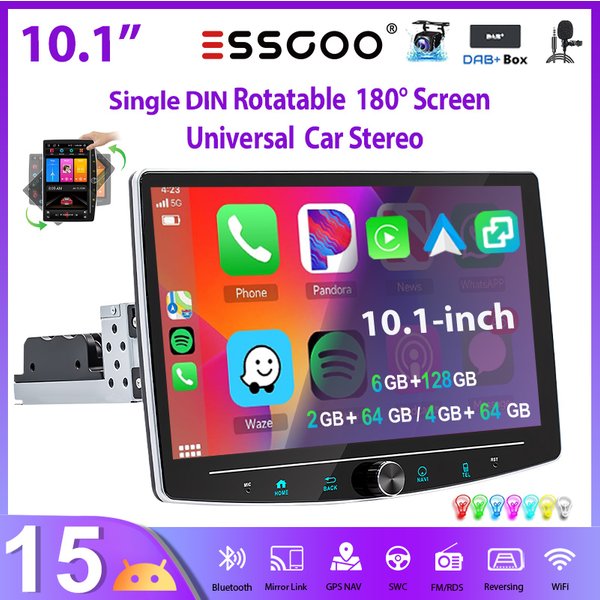 ESSGOO 10.1"Android15 4+64G 6+128G Universal 180° Rotatable Touchscreen Wireless carplay MIC Car Stereo Radio GPS NAV BT WIFI FM