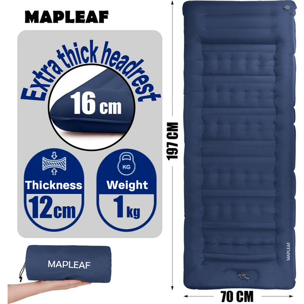 MAPLEAF Aufblasbare Isomatte mit Eingebautem Kissen Ultraleicht 1kg Wasserdicht Nylon 40D TPU 12cm Schlafmatte mit Fußpumpe Einfaches Aufblasen 197x70cm Marineblau Gepackt 30x13cm Doppelventil Auto