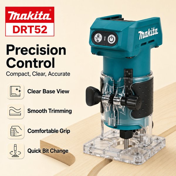 Routeur compact sans fil Makita DRT52 18V LXT équipé d'un moteur sans balais, routeur de menuiserie durable prêt pour le chantier, pour un profilage de bords et un rainurage précis en multitâche
