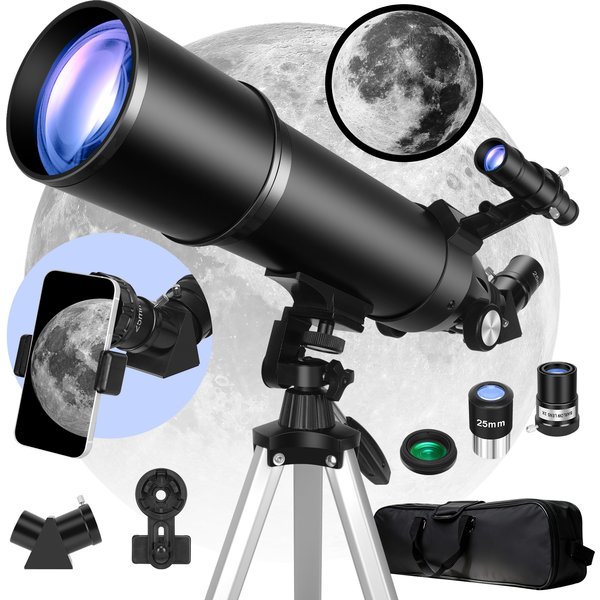 Télescope astronomique réfracteur à ouverture de 80 mm et longueur focale de 600 mm, adapté aux adultes et aux débutants, grossissement 180x, livré avec un trépied, un support pour téléphone et un sac