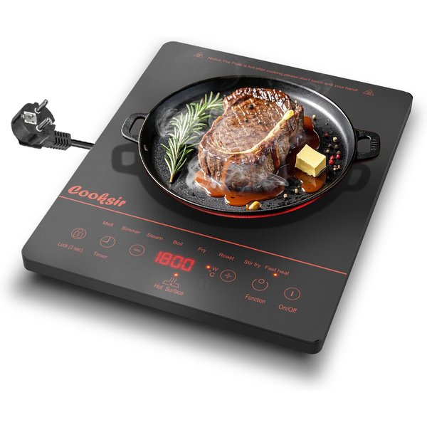 Glaskeramik-Kochfeld 1 Zone mit Stecker, Cooksir Tragbares Kochfeld 28 cm, Einzel 2000 W, Infrarot-Heizung, 4-Stunden-Timer, 220-240 V