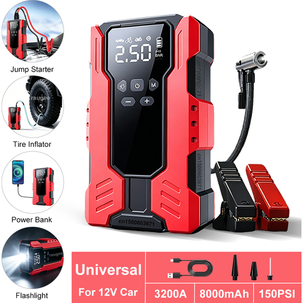 12V Auto-Batterie-Starter, Starthilfe mit Luftkompressor, tragbare Powerbank, Auto-Batterie-Booster, leistungsstarke Luftpumpe, Reifenfüller, 8000mAh, 3200A, Auto-Startgerät mit LED-Taschenlampe