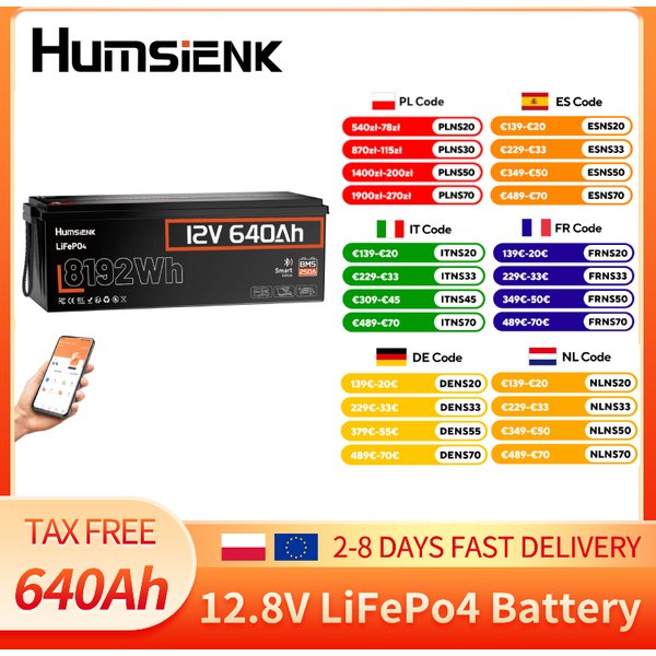 Humsienk 12V 640Ah Akumulator Litowy LiFePO4 Bluetooth, 250A BMS, 15000+ Cykli, Akumulator LiFePO4 600Ah+, IP65 i Ochrona Przed Niskimi Temperaturami, Maks. Wydajność 8192 Wh, idealna do systemów